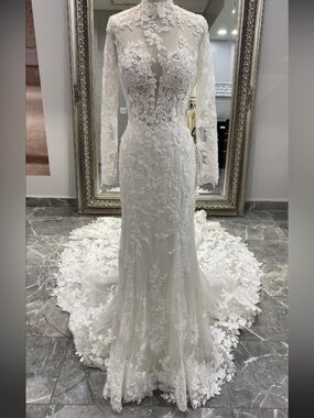 Martina Liana Ivory Lace High-Neck Long Sleeve Wedding Gown